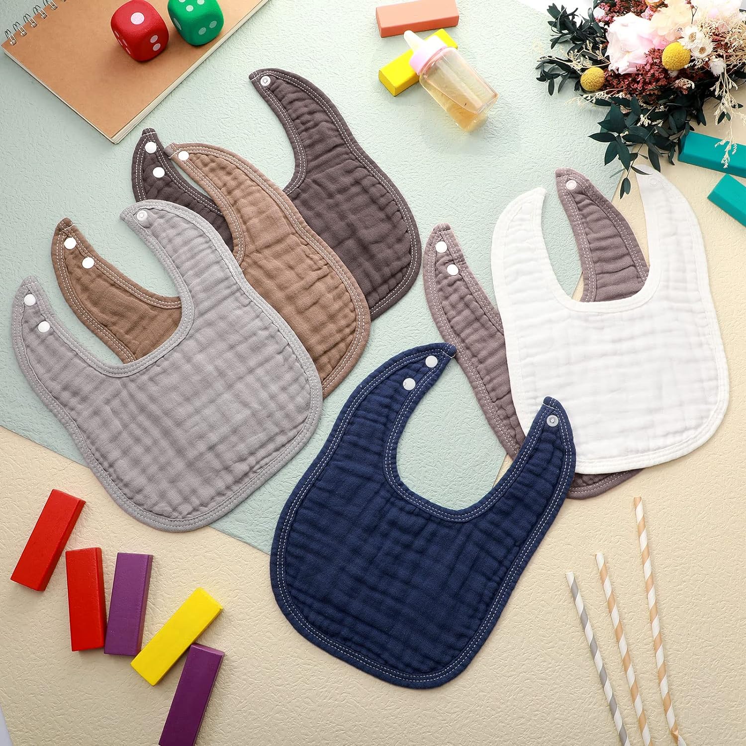 Frienda 6 Pcs Muslin Bibs Baby Burping Cloth Teething Bibs Bandana Bibs 6 Absorbent Layers Muslin Bibs for 6 Month+ Baby - Image 3